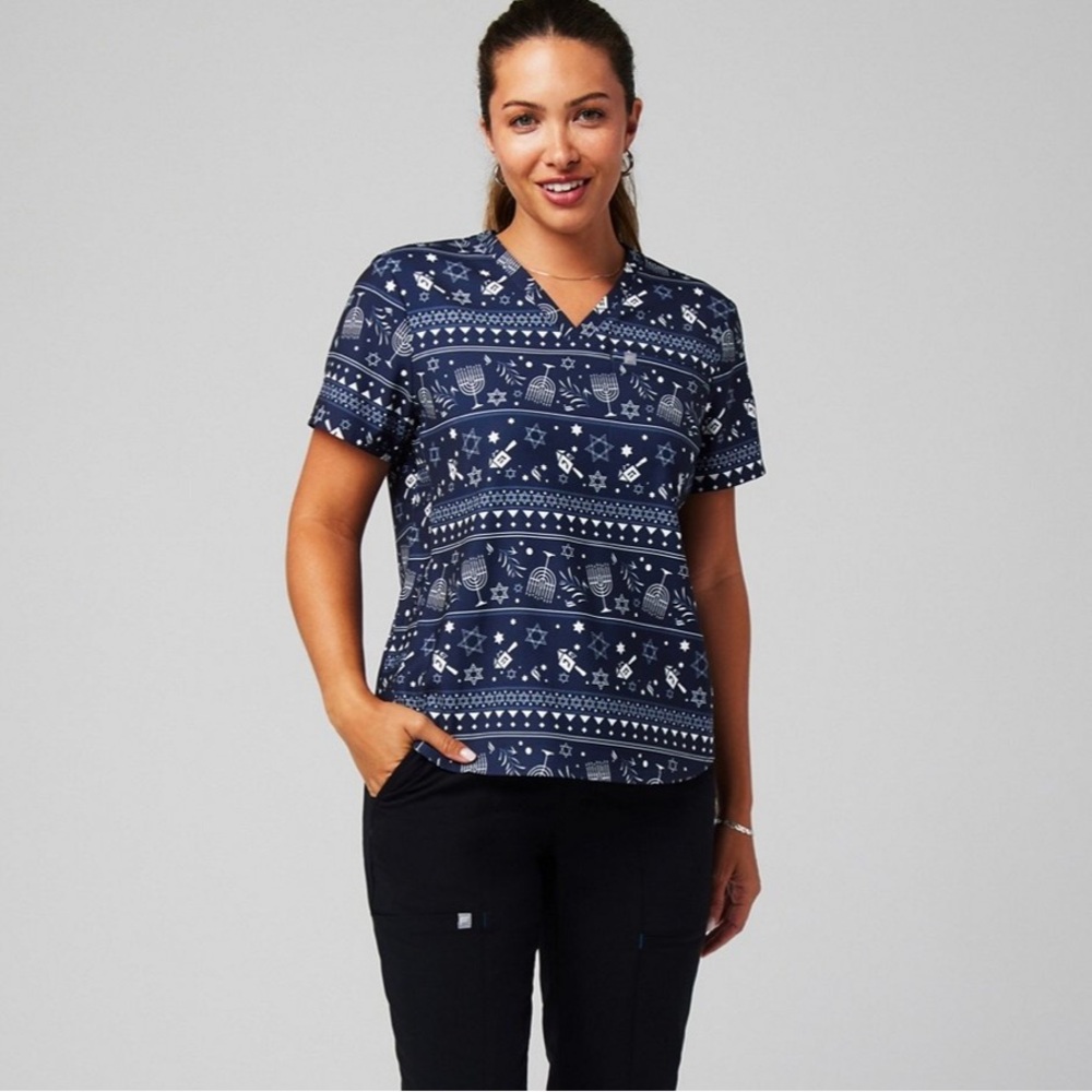 Fabletics Navy Hannakuh Menorah Patterned Scrub Top
